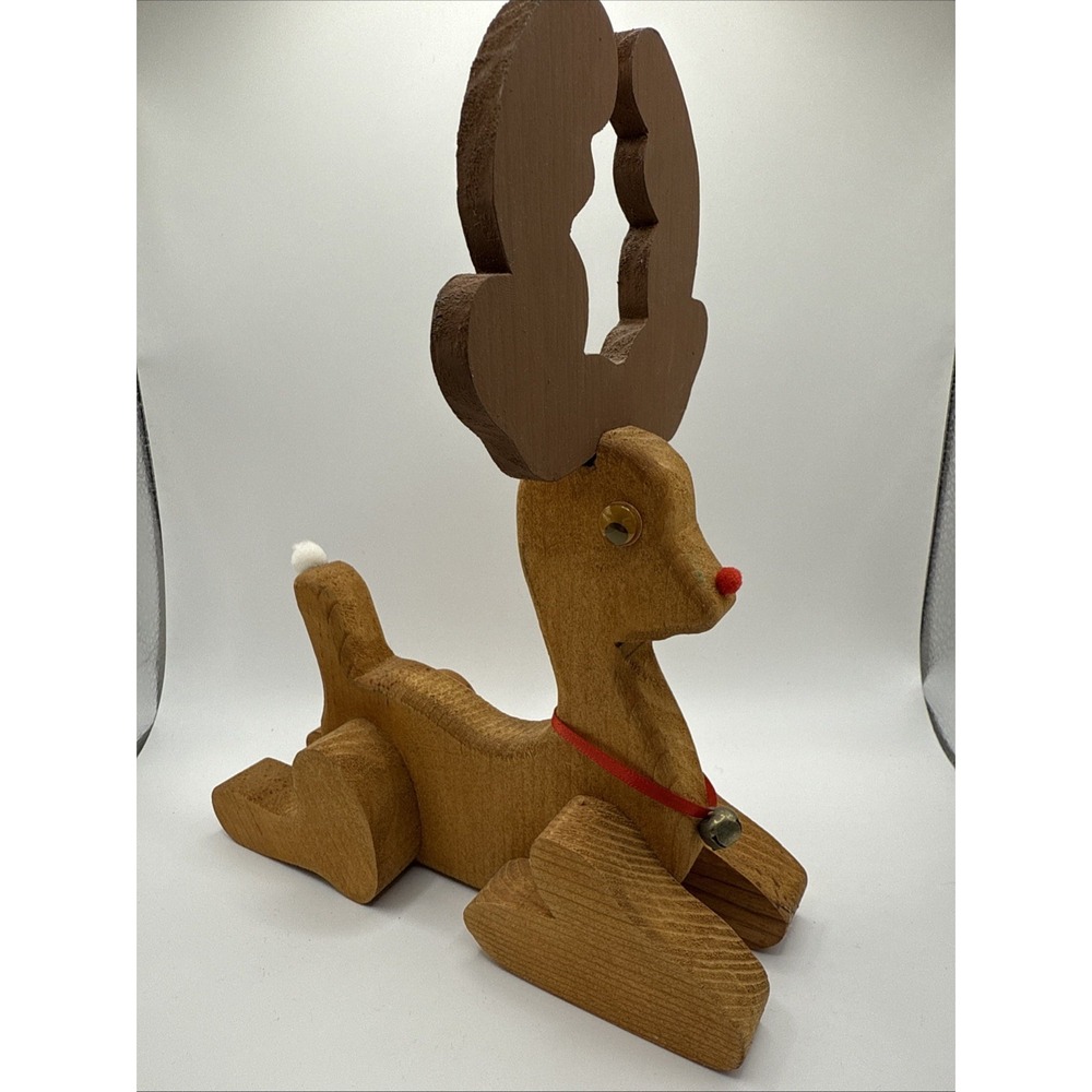 Vintage Wood Reindeer Christmas Décor Rudolph the Red Nose 8 1/2"Laying Handmade